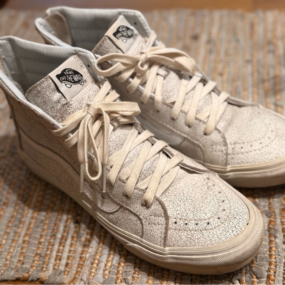Vans + Madewell Size 9 — Crackle White Leather SK8-Hi Slim w/ Zip Back